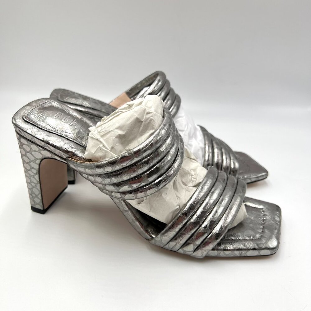 Schutz Womens Size 8.5 Metallic Silver Croc Print Dress Sandals Heels Shoes
